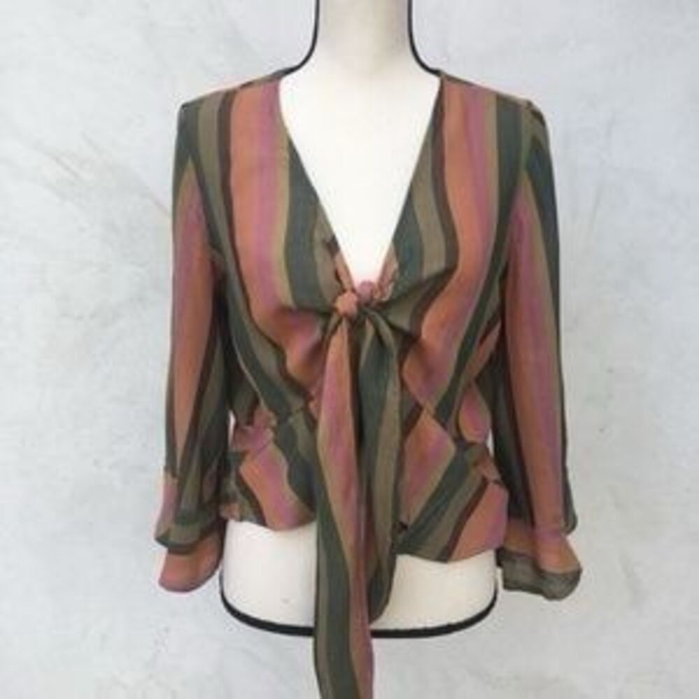 American Eagle Tie Front Fall Stripe Long Flutter Sleeves Blouse Top XXL